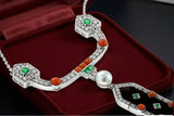 Art Deco Style Diamond, Coral, Emerald, Pearl and Onyx 18K White Gold Necklace