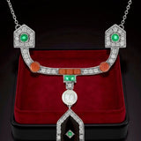 Art Deco Style Diamond, Coral, Emerald, Pearl and Onyx 18K White Gold Necklace