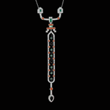Diamond, Coral, Emerald, Pearl and Onyx 18K White Gold Necklace