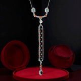 Art Deco Style Diamond, Coral, Emerald, Pearl and Onyx 18K White Gold Necklace