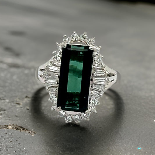 Estate 3.38 ct Green Tourmaline Diamond Platinum Ring 14798