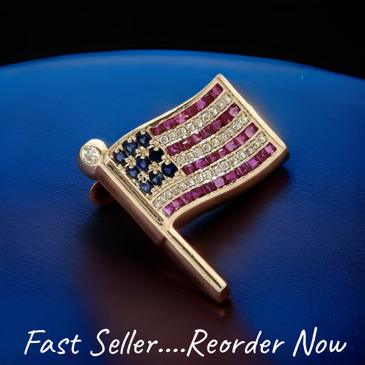 The Presidential American Flag Diamond, Ruby, Sapphire Lapel Brooch 14K Yellow Gold 15308