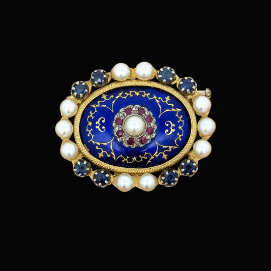 Victorian Revival Cobalt Blue Enamel, Pearl, Pink and Blue Sapphire 18K Yellow Gold Brooch