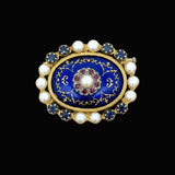 Victorian Revival Cobalt Blue Enamel, Pearl, Pink and Blue Sapphire 18K Yellow Gold Brooch
