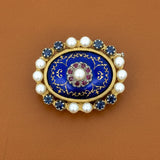 Victorian Revival Cobalt Blue Enamel, Pearl, Pink and Blue Sapphire 18K Yellow Gold Brooch