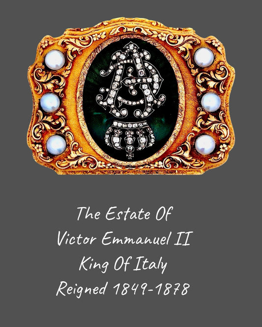 Estate Of King Victor Emmanuel of Italy Diamond Pearl, Green Enamel 18K Yellow/Rose Gold Box 15467