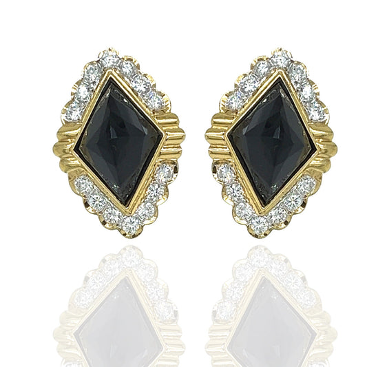 Diamond and Onyx Faceted 18K yellow Gold Earrings