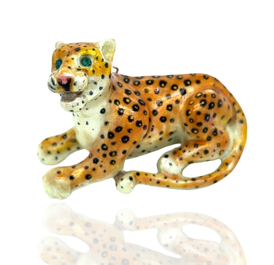 Estate Designer Jungle Cat Enamel Emerald Pendant 13393