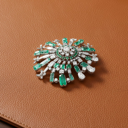Mid Century 1960's Modern 14kt White Gold Emerald and Diamond Starburst Brooch
