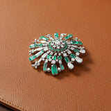 Mid Century 1960's Modern 14kt White Gold Emerald and Diamond Starburst Brooch