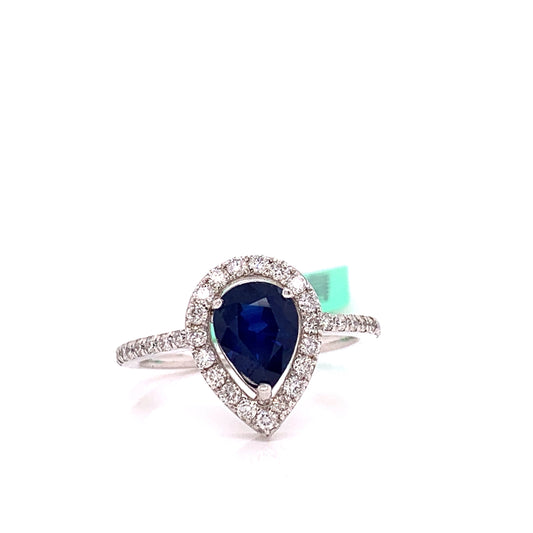 14K White Gold 1.65 ct Sapphire and Diamond Halo Ring 00887