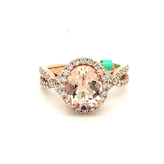 14K Rose Gold 2.30 ct Morganite and Diamond Halo Ring 03502