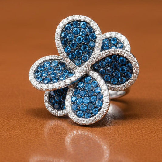 Effy Blue and White Diamond and 14K White Gold Flower Ring