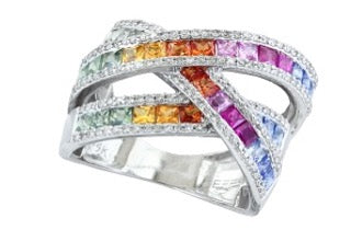 Effy Collection - Multi Color Sapphire 2.39 cttw and Diamond 14K White Gold Bypass Ring 15123