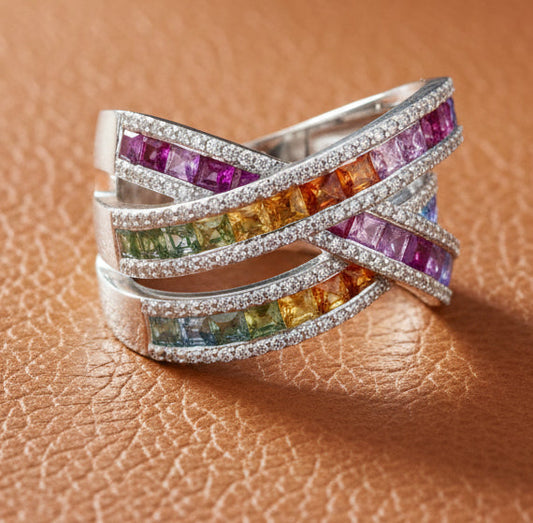 Effy Multi Color Sapphire, Diamond, and 14K White Gold Bypass Ring