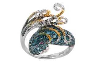 Effy Collection - White, Treated Yellow, Blue, Green Diamond 1.86 cttw Ruby Peacock White Gold Ring 15174