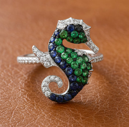 Effy Sapphire, Tsavorite, Diamond and 14K White Gold Seahorse Ring