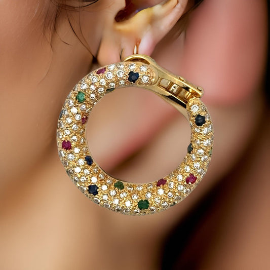 Estate In "The Style Of Cartier" Diamond Emerald Sapphire Ruby 18K Yellow Gold Earrings 15009