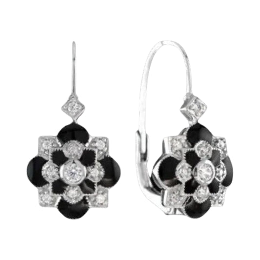 Art Deco Reproduction Aristocrat Diamond and Black Enamel Dangle Earrings 11775