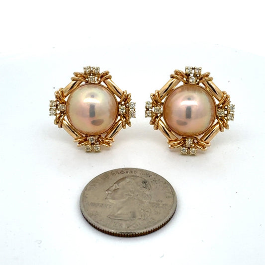 California Estate Mabe Pearl Diamond Yellow Gold Earrings 14580