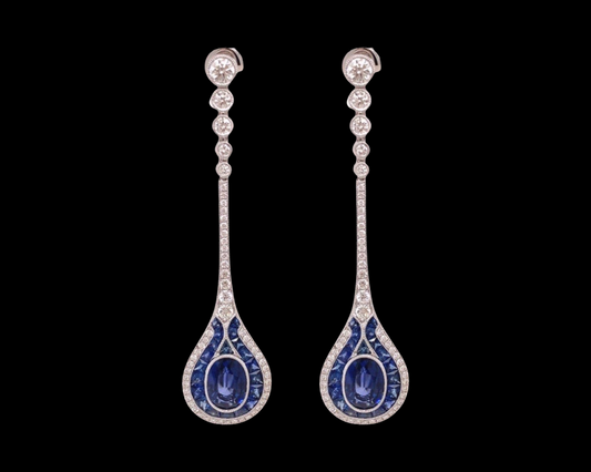 Art Deco Reproduction Aristocrat Sapphire 5.95 cttw 110 Diamond 1.46 cttw Dangle Earrings 18K White Gold 10.06g 10978