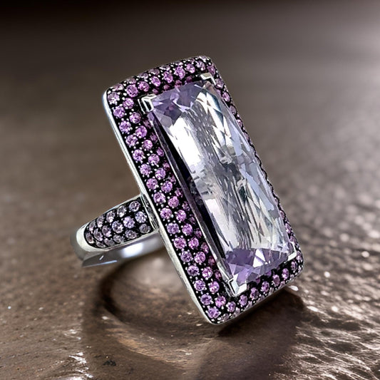 Estate Parisian Designer Anshindo-Paris 18.80 ct Faceted Amethyst & 3.50 cttw Fading Pink Sapphire 18K White Gold Ring 15026