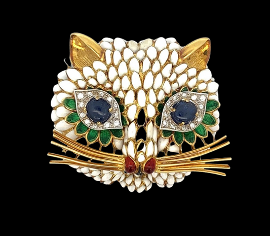 Estate Italian Designer Lunati Italian Cat Enamel Diamond Brooch / Pendant 14108