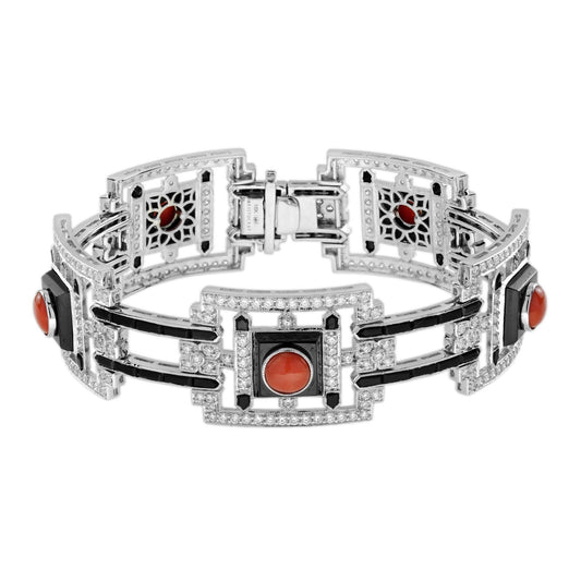 New Aristocrat Collection Art Deco Inspired By Cartier Charles Jacqueau Diamond Coral Onyx White Gold Bracelet 15089