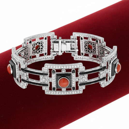 Custom Made Diamond Coral Onyx White 18K White Gold Bracelet