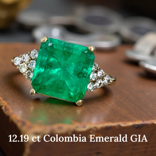 12.19ct Step Cut GIA Colombia Emerald with Diamond and 14K Yellow Gold Ring