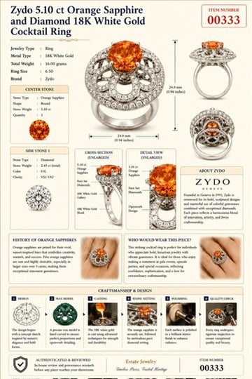 Zydo 5.10 ct Orange Sapphire and Diamond 18K White Gold Ring