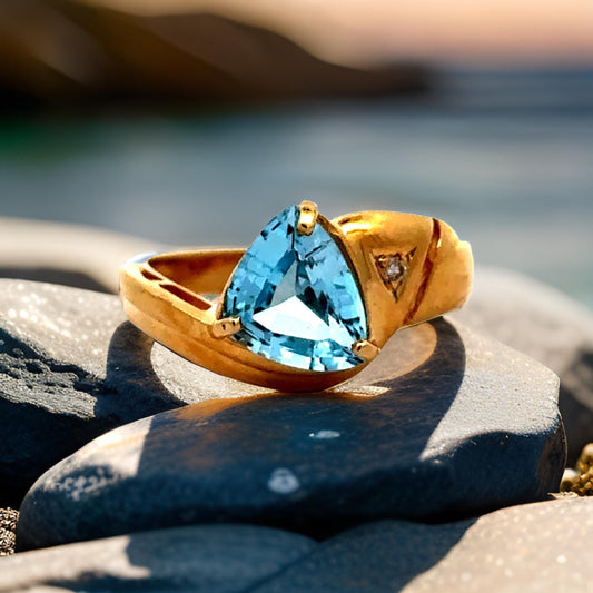 Estate Blue Topaz and Diamond 14K YG Ring 15520