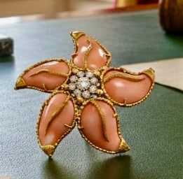 Vintage Italian Designer Coral and Diamond 18K Yellow and White Gold Brooch