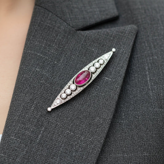 Filigree Ruby and Diamond 14K White Gold Brooch