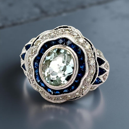 Estate Art Deco Reproduction French Cut Sapphire Diamond Aqua Ring 15655