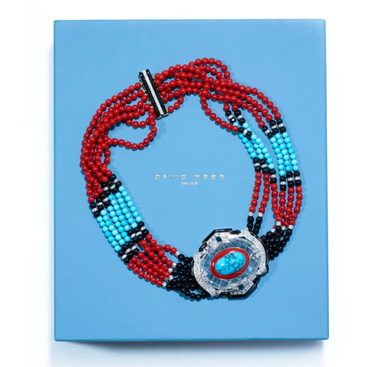 NYC Designer David Webb Diamond, Coral, Onyx, Turquoise, Rock Crystal Platinum, 18K Yellow Gold Necklace