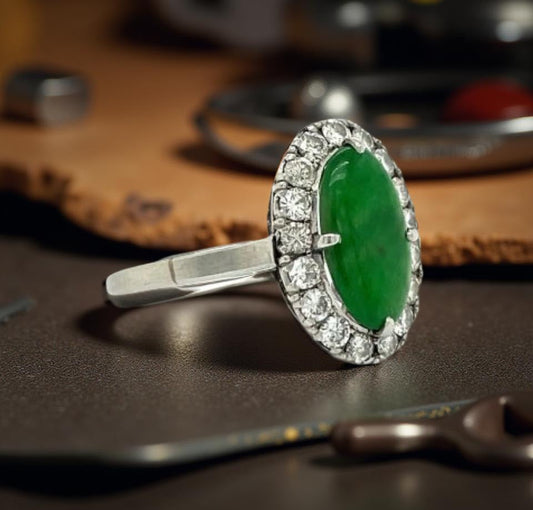 Estate Natural Jade Diamond Platinum Halo Ring 13123