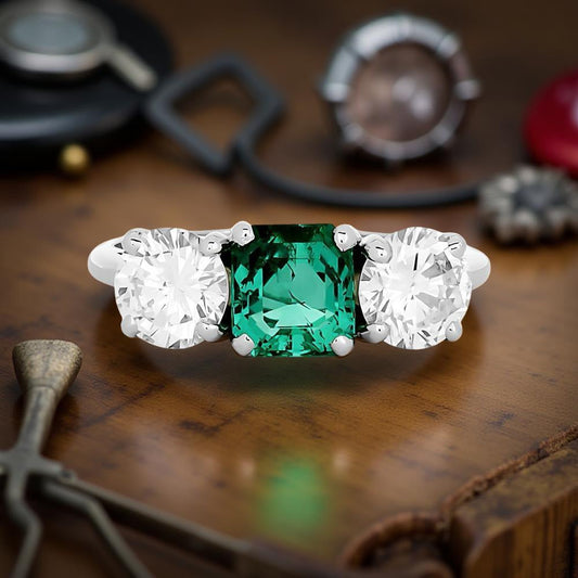Estate Emerald & Diamond Classic Platinum Ring 15726