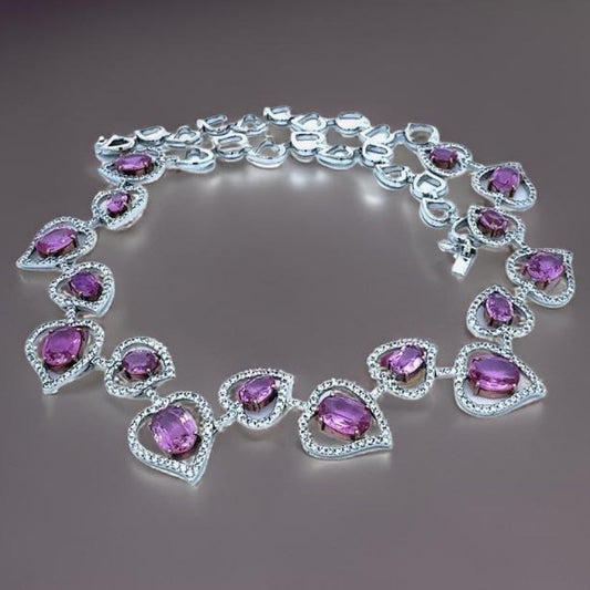 Estate 28.00 cttw Pink Sapphire & 10.62 cttw Diamond Heart Link 18K White Gold Necklace 15225