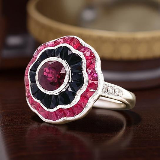 Ruby, Onyx, Diamond and 18K White Gold Ring