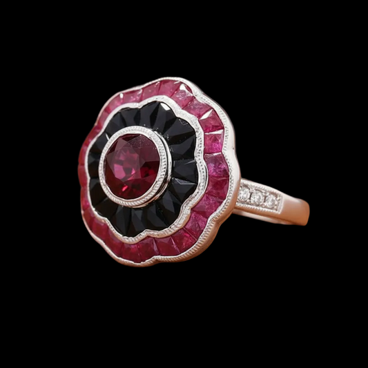 Ruby, Onyx, Diamond and 18K White Gold Ring