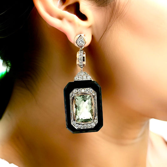 Estate 12.00 cttw Green Amethyst Onyx Diamond Dangle 18k Yellow Gold Earrings 15010