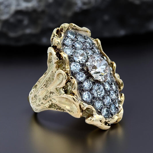 Custom Made 2.00cttw Diamond and 18kt Yellow Nugget Ring