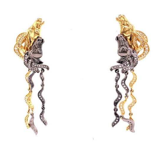 18K Yellow Gold and Black Rhodium .70 cttw Diamond Horse Earrings 07876