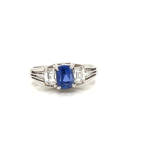 Estate 1.17 ct Sapphire and Diamond Three Stone Platinum Ring 11952