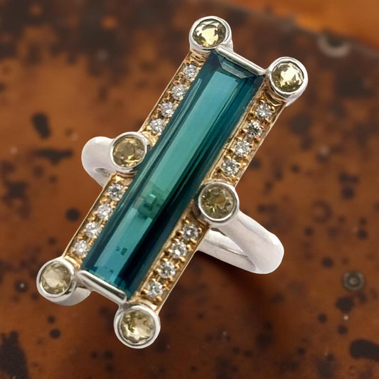 Estate Custom 4.45 ct Elongated Cut Tourmaline Diamond Citrine Platinum/18K Yellow Gold Ring 15699