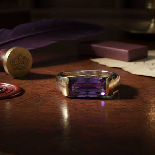 Italian Designer Checker Board Cut Amethyst 18K Yellow and White Gold Ring