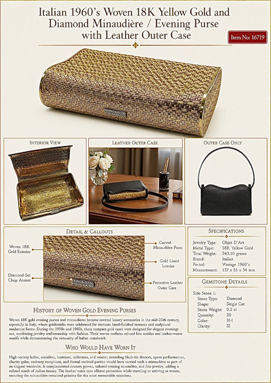 Vintage Italian 1960's Woven 18K Yellow Gold and Diamond Minaudiere/Evening Purse with Leather Outer Case