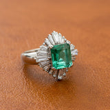 Mid Century Modern Colombia Emerald and Diamond Platinum Ring