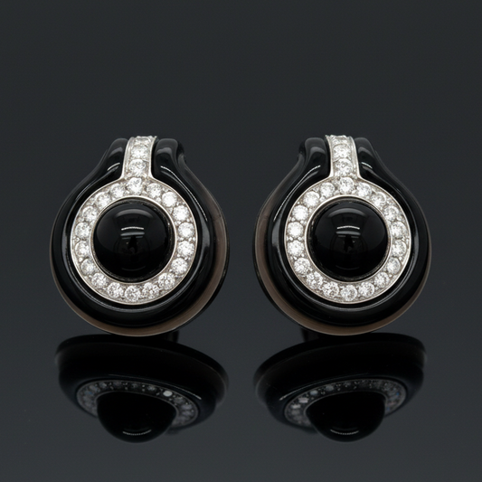 Onyx, Diamond and 18K Yellow Gold Earrings
